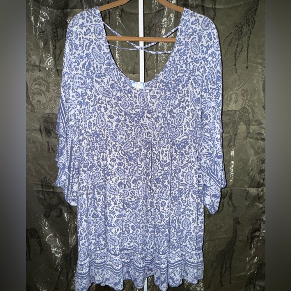 Blue Paisley Scoop-Neck Midi Dress with Crisscross Back